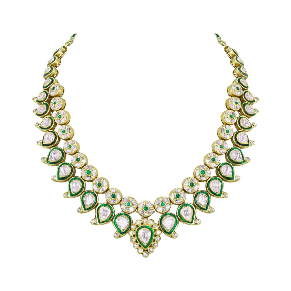 Green Enamel Polki Necklace with Bud Design